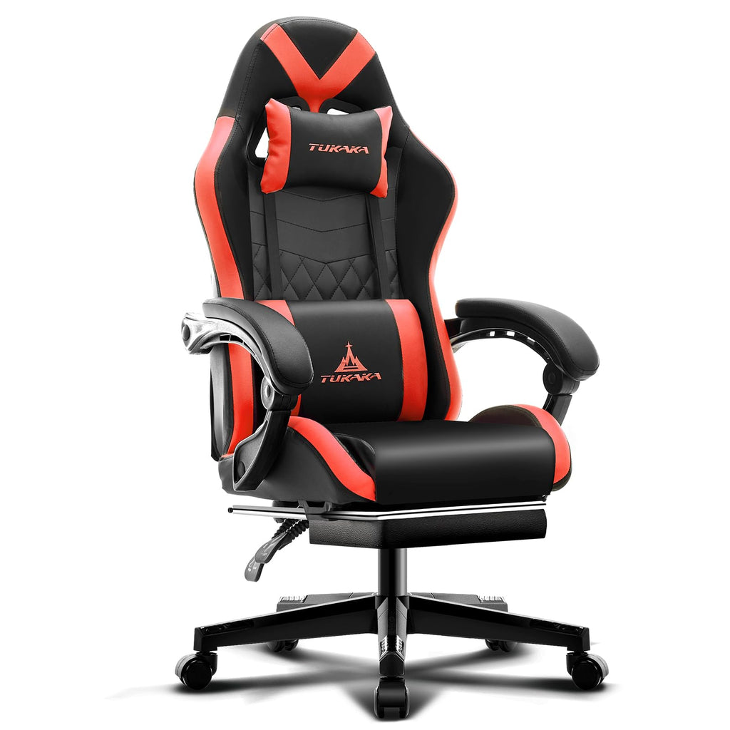 Gaming Chair,Ergonomic Massage Computer Office Desk Chair with Footrest,Pocket Spring Cushion,Reclining Leather Adjustable Gamer Chair with Headrest and Lumbar Support,Red