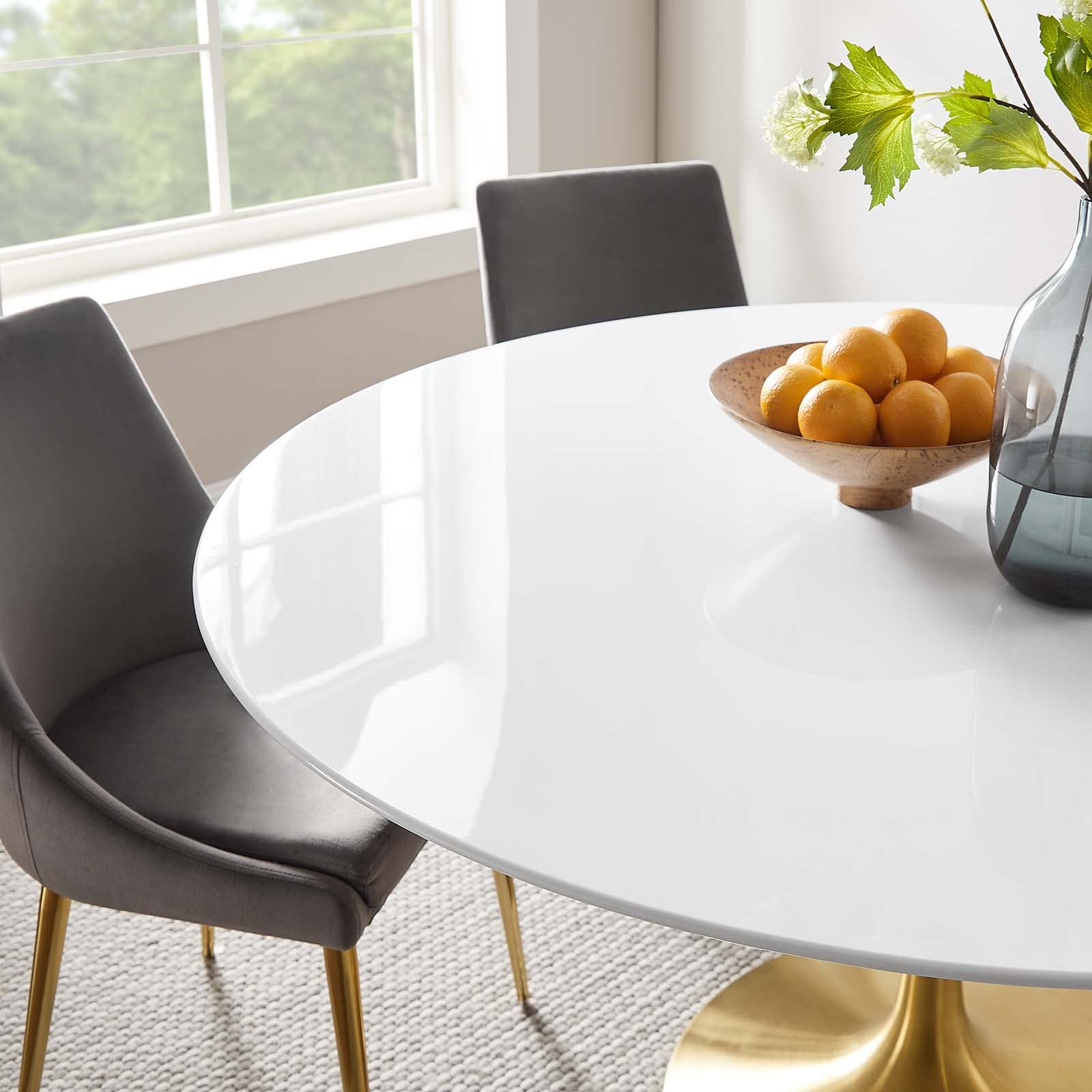 60" Mid-Century Modern Dining Table with Round White Top and Pedestal Base in Gold White