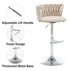 Velvet Bar Stools Set of 3, Swivel Counter Height Bar Stools with Back, Adjustable Woven Barstools for Kitchen Island, Pub, Club (Beige)