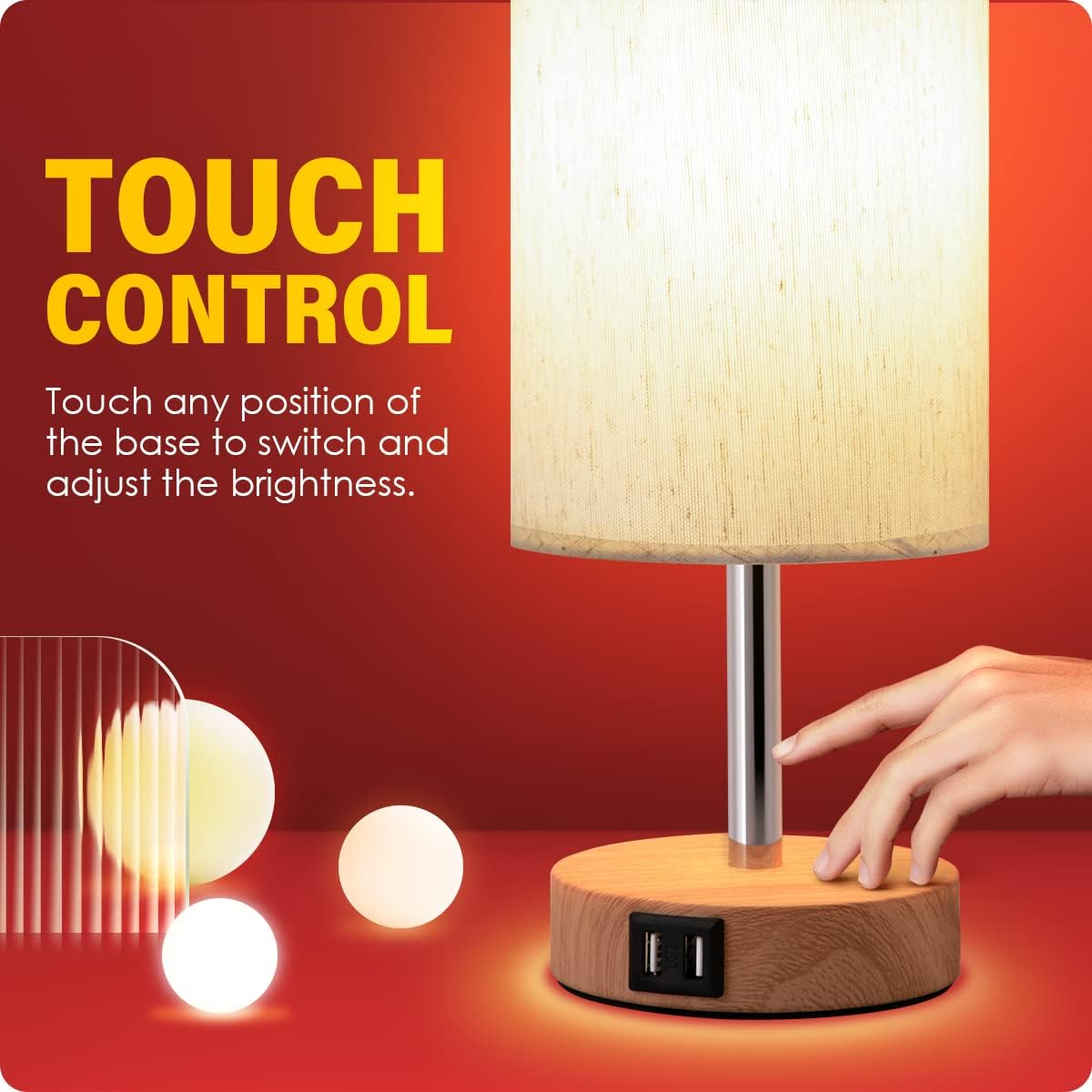 Bedside Table Lamp with USB Port - Touch Control for Bedroom Wood 3 Way Dimmable Nightstand Lamp with Round Flaxen Fabric Shade for Living Room, Dorm, Home Office (LED Bulb Included)