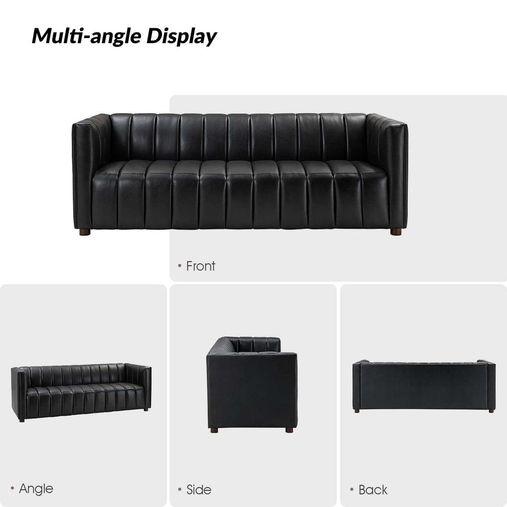83" Genuine Leather Sofa with Channel Tufted Design, 3-Seater Sofa for Living Room Bedroom, Modern Oversized Couch with Wood Legs, Black