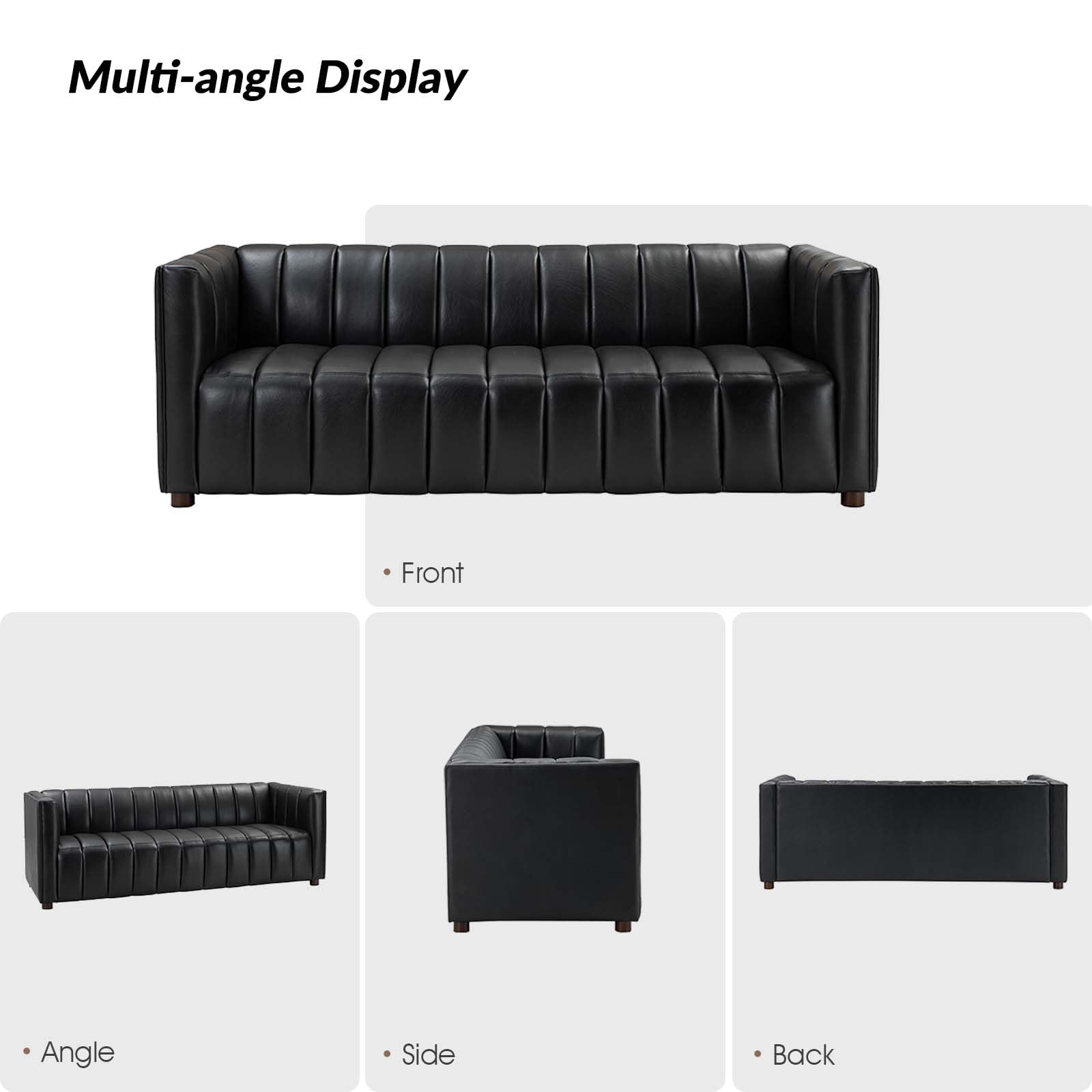 83" Genuine Leather Sofa with Channel Tufted Design, 3-Seater Sofa for Living Room Bedroom, Modern Oversized Couch with Wood Legs, Black