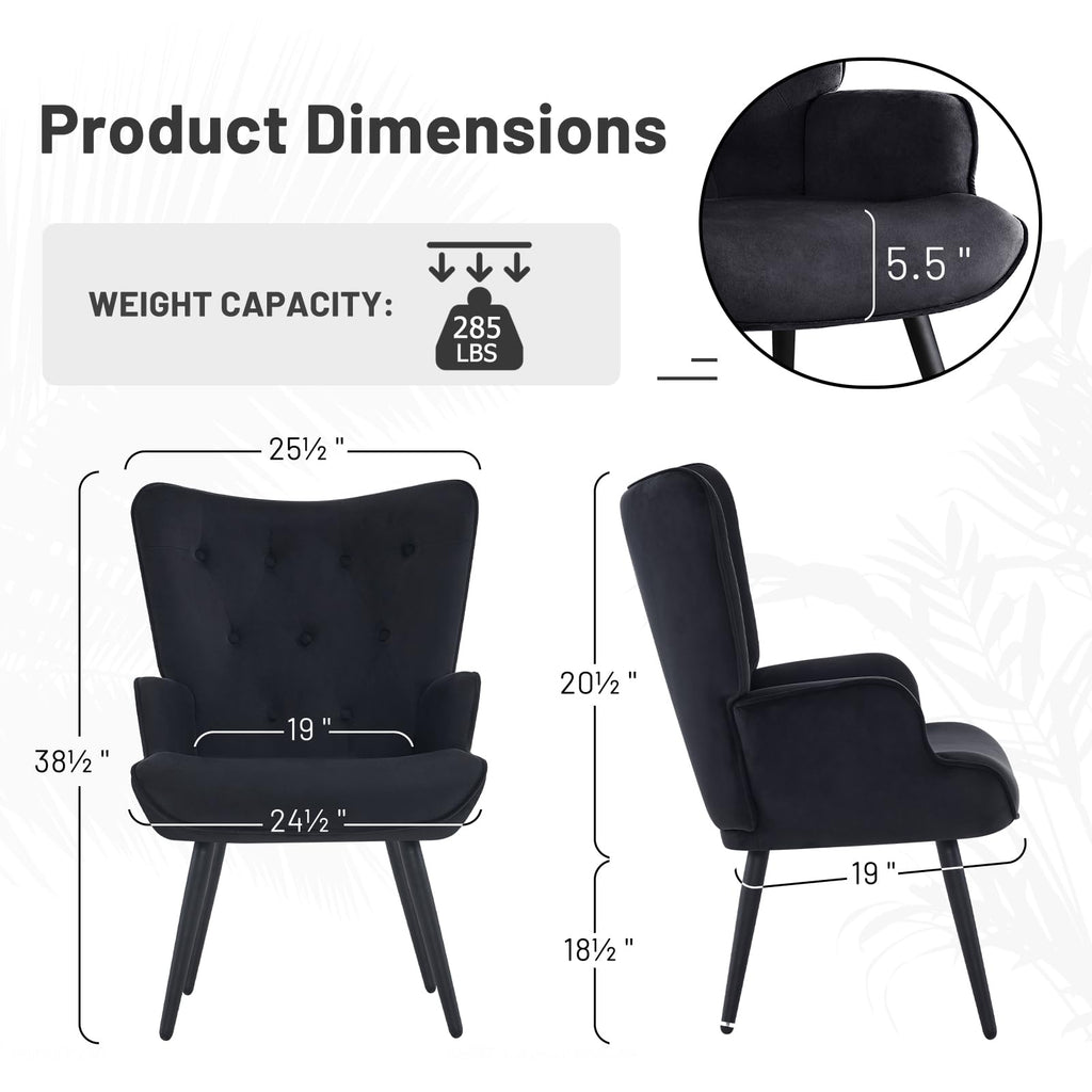 Velvet Accent Chair Modern Upholstered Side Armchair with Tapered Legs Tufted Button Wingback Sofa Chairs Tall Back Reading for Living Room Bedroom Waiting Room, Black