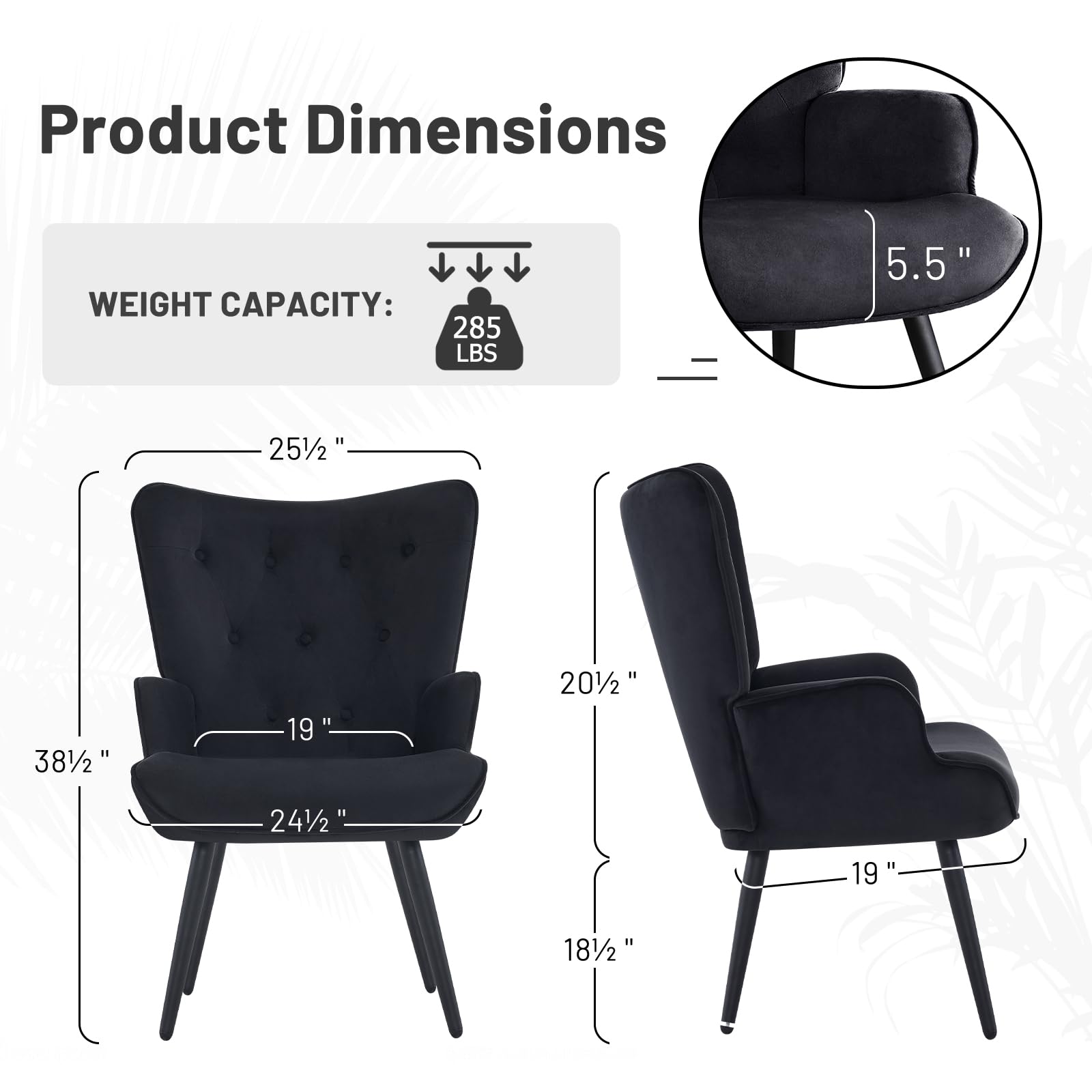 Velvet Accent Chair for Living Room, Upholstered Reading Chair with High Backrest, Tufted-Button Wingback Armchair for Bedroom, Dressing Room, Home Office, Black, Set of 2