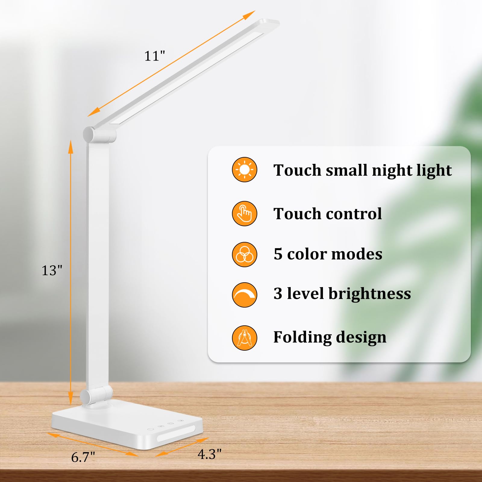 LED Desk Lamp with USB Ports, Touch Control, 5 Color Modes, 3 Brightness Levels, Foldable Design, White