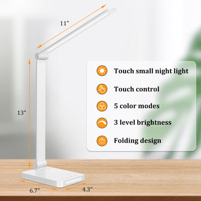LED Desk Lamp with USB Ports, Touch Control, 5 Color Modes, 3 Brightness Levels, Foldable Design, White