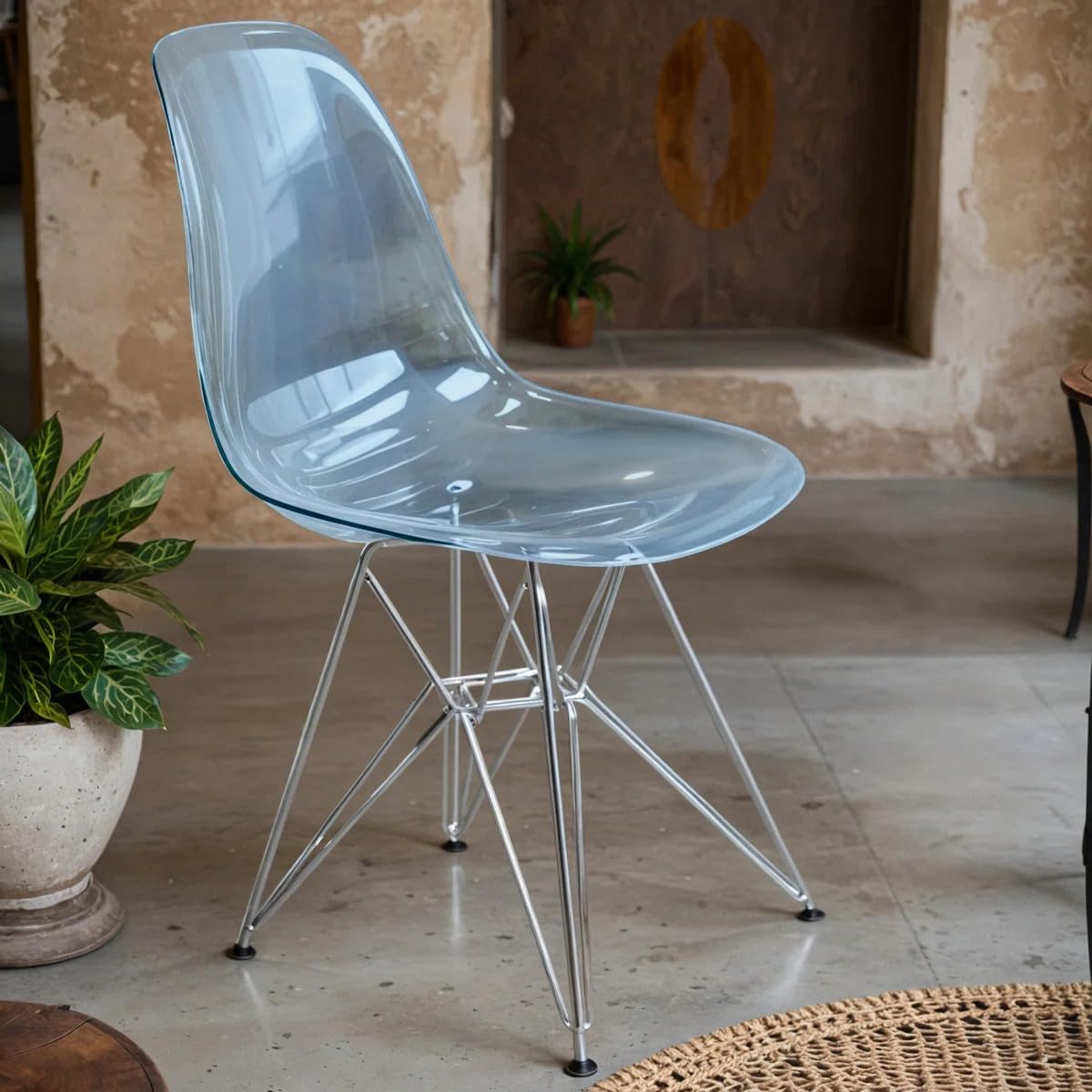 Mid Century Acrylic Dining Chair - Ergonomic & Lightweight Accent Side Chair with Curved Back & Chrome Eiffel Base for Home, Kitchen & Café, Transparent Blue
