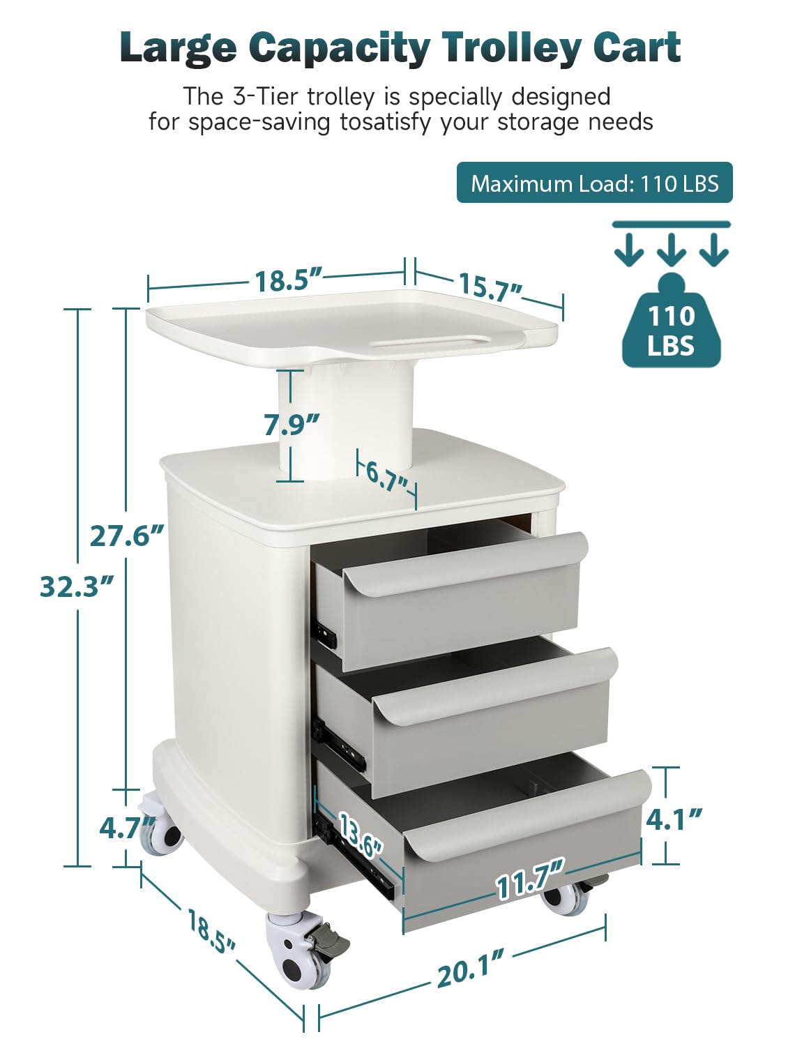 Mobile Trolley Cart for Portable Ultrasound Imaging Scanner Vehicle Trolley Beauty Storage Cart 115 LBS Load with 3 Drawers 4 Wheels for Hospital Office Bedroom Clinic