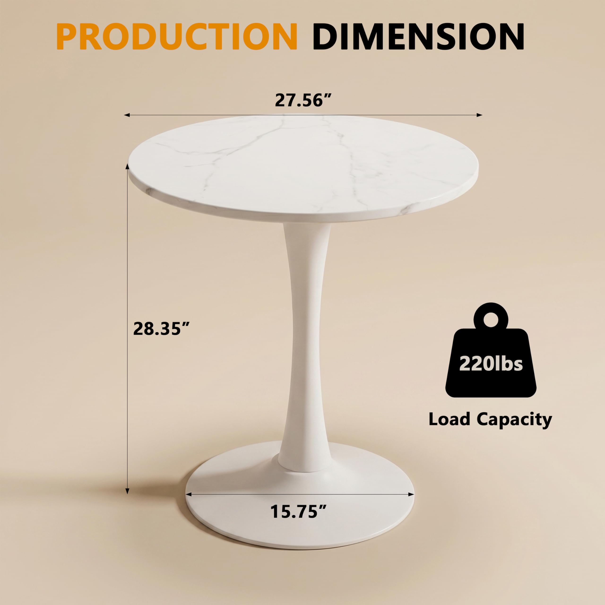 27.6" Marble Round Tulip Table, Mid-Century Modern Style Dining Table with White Pedestal Base for 2-4 People, Featuring A Marble Tabletop for Kitchen, Dining Room, Cafe (White)