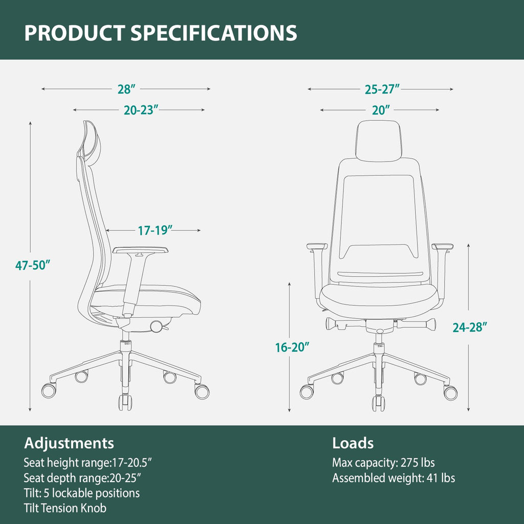 Ergonomic Mesh Office Chair with Headrest, High Back Executive Chair, 4D Adjustable Armrests, Adjustable Lumbar Support, Sliding Seat & Multi-Position Tilt Lock, Aluminum Base – Black