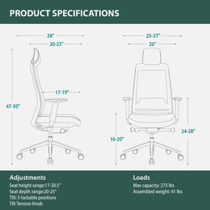 Ergonomic Mesh Office Chair with Headrest, High Back Executive Chair, 4D Adjustable Armrests, Adjustable Lumbar Support, Sliding Seat & Multi-Position Tilt Lock, Aluminum Base – Black