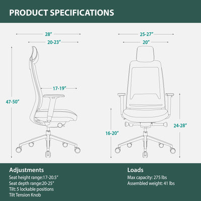 Ergonomic Mesh Office Chair with Headrest, High Back Executive Chair, 4D Adjustable Armrests, Adjustable Lumbar Support, Sliding Seat & Multi-Position Tilt Lock, Aluminum Base – Black