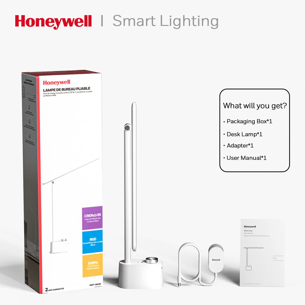 LED Desk Lamp with USB Charging Ports - Sunturalux™ HWT-H01 Stepless Dimmable Eye Caring Table Lamp for College Dorm Home Office, Foldable Small Bedside Lamp for Bedroom with Base White