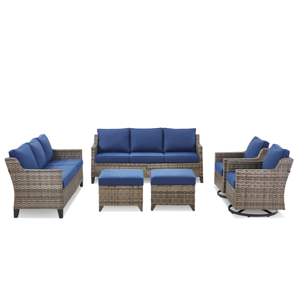 Outdoor Patio Furniture Set-6 Piece High Back Outdoor Furniture Set Sectional Sofa with Wicker Swivel Rocker Patio Chairs,Thick Cushions Ottomans for Porch Balcony Patio Deck Grey/Blue