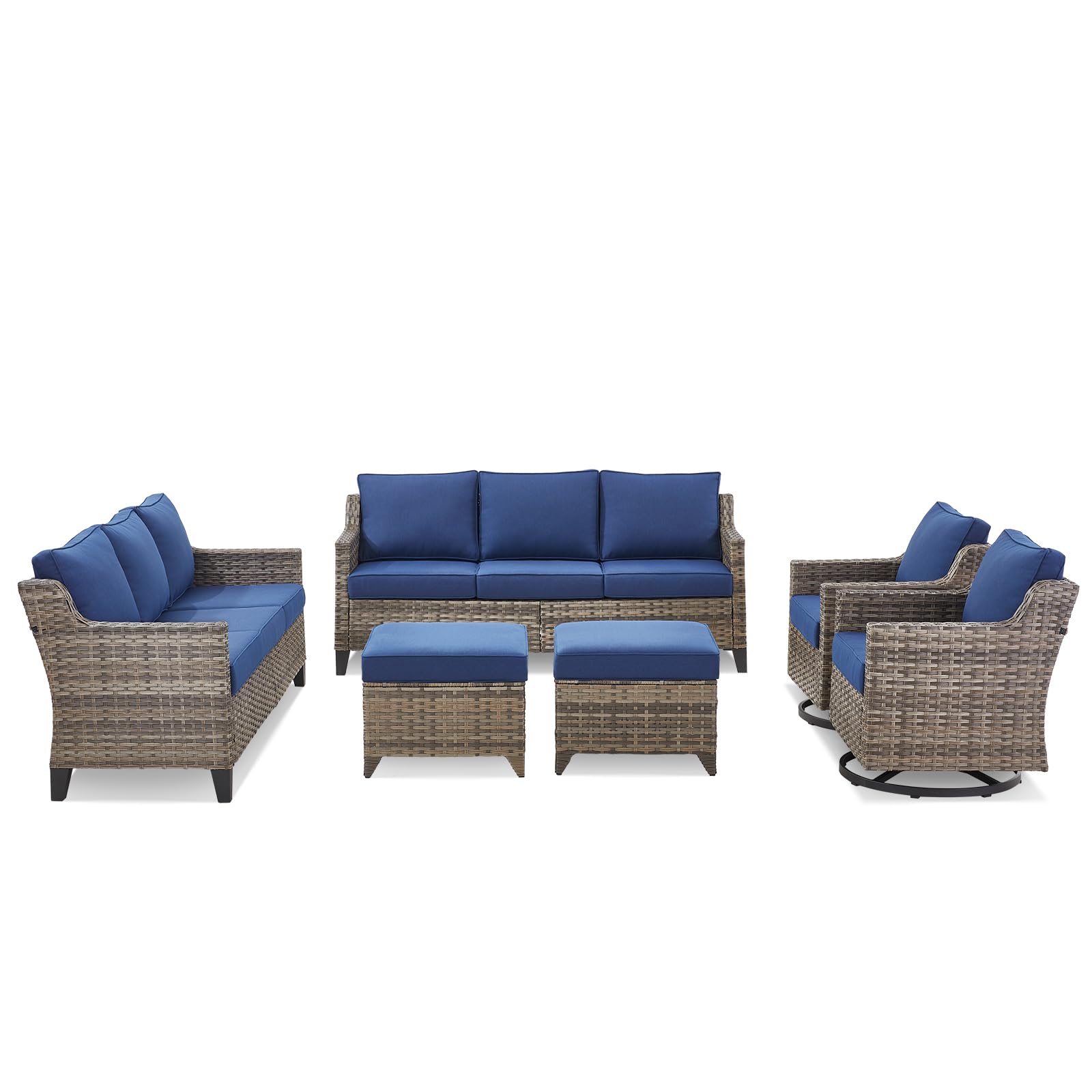 Outdoor Patio Furniture Set-6 Piece High Back Outdoor Furniture Set Sectional Sofa with Wicker Swivel Rocker Patio Chairs,Thick Cushions Ottomans for Porch Balcony Patio Deck Grey/Blue