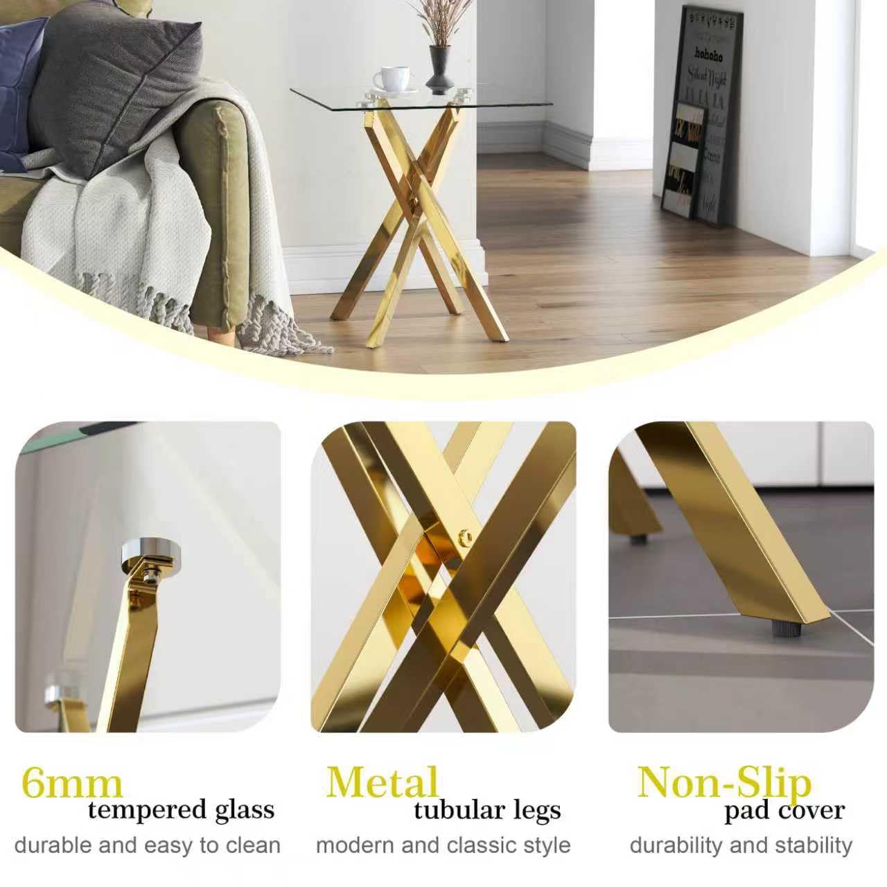 Small Side Table with Chromed Legs, Tempered Glass Square Modern End Table Sofa Table for Living Room Home Office (1, Gold, 20"×20"×22")