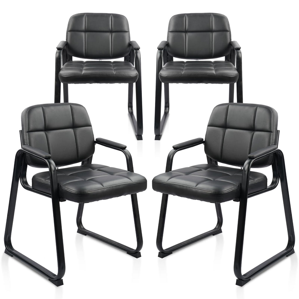 Waiting Room Guest Chair with Bonded Leather Padded Arm Rest for Office Reception and Conference Desk Black with Sled Base 4 Pack
