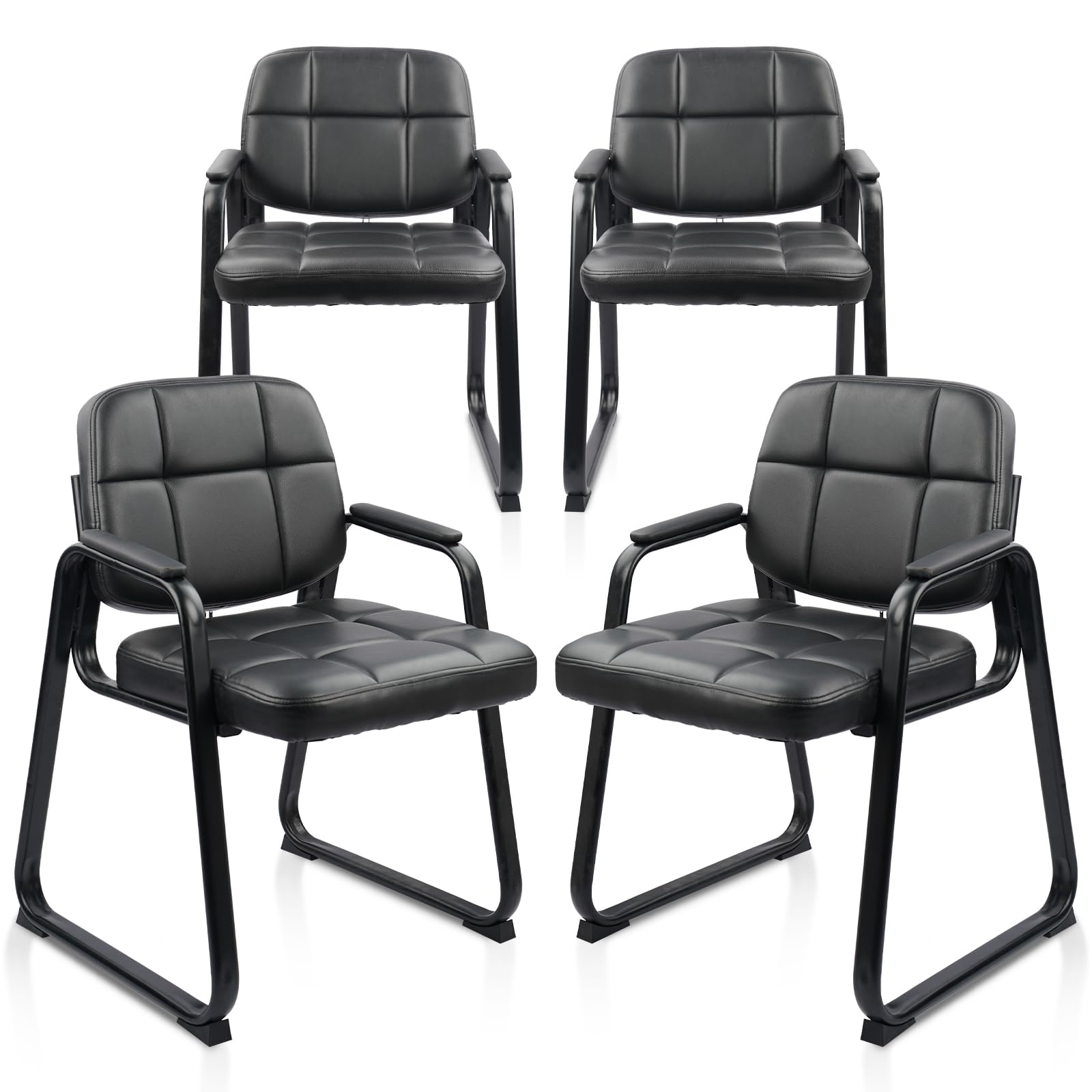 Waiting Room Guest Chair with Bonded Leather Padded Arm Rest for Office Reception and Conference Desk Black with Sled Base 4 Pack