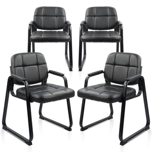 Waiting Room Guest Chair with Bonded Leather Padded Arm Rest for Office Reception and Conference Desk Black with Sled Base 4 Pack