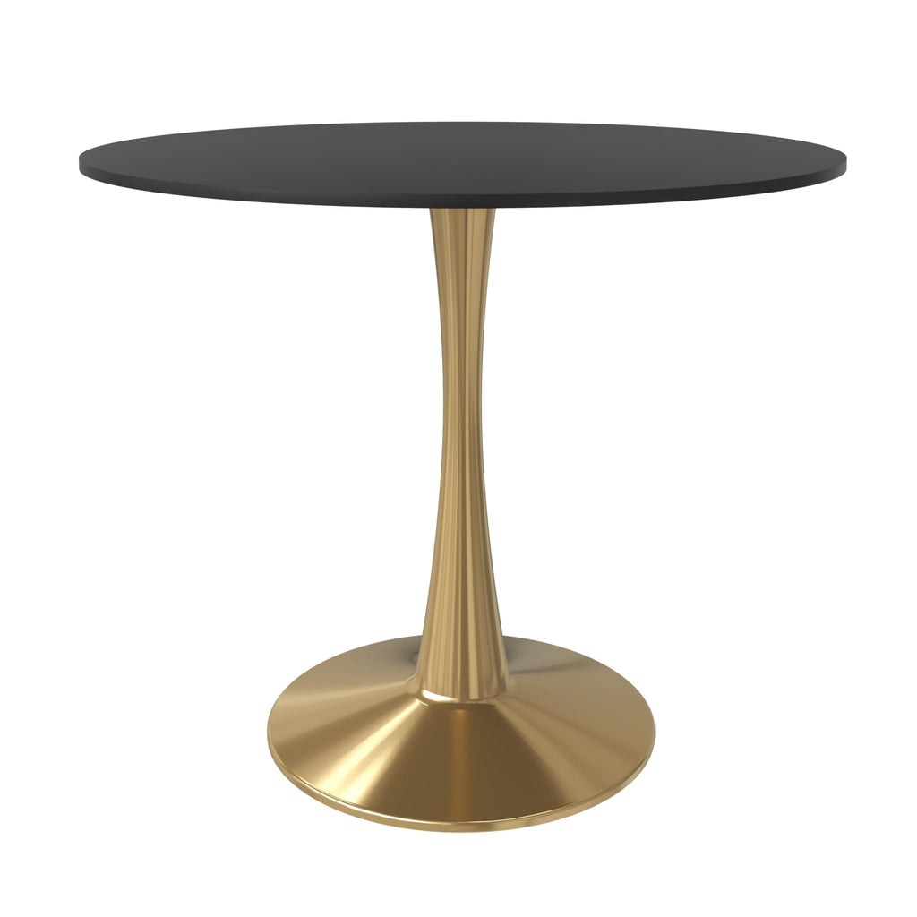 31" Round Dining Table in Black Modern MDF Wood Tabletop with Gold Pedestal Base, Mid-Century Accent Table for Kitchen, Café & Dining Room