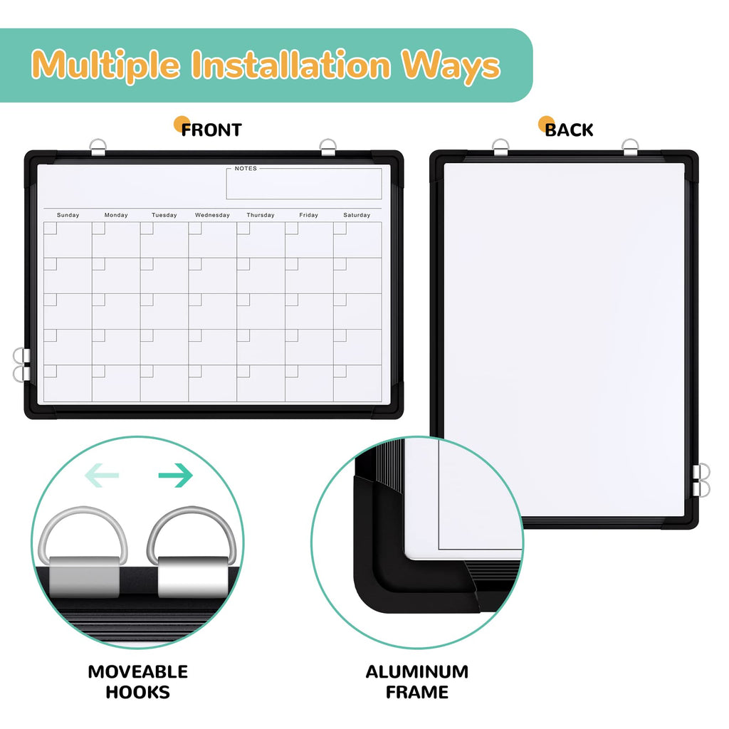 Monthly Calendar Whiteboard for Wall, 16x12 Inches Dry Erase Board, Small Magnetic White Board, Double-Sided Hanging Board for Office School Home Kitchen, Portable Board for Drawing Planning, Black