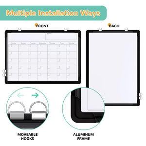 Monthly Calendar Whiteboard for Wall, 16x12 Inches Dry Erase Board, Small Magnetic White Board, Double-Sided Hanging Board for Office School Home Kitchen, Portable Board for Drawing Planning, Black