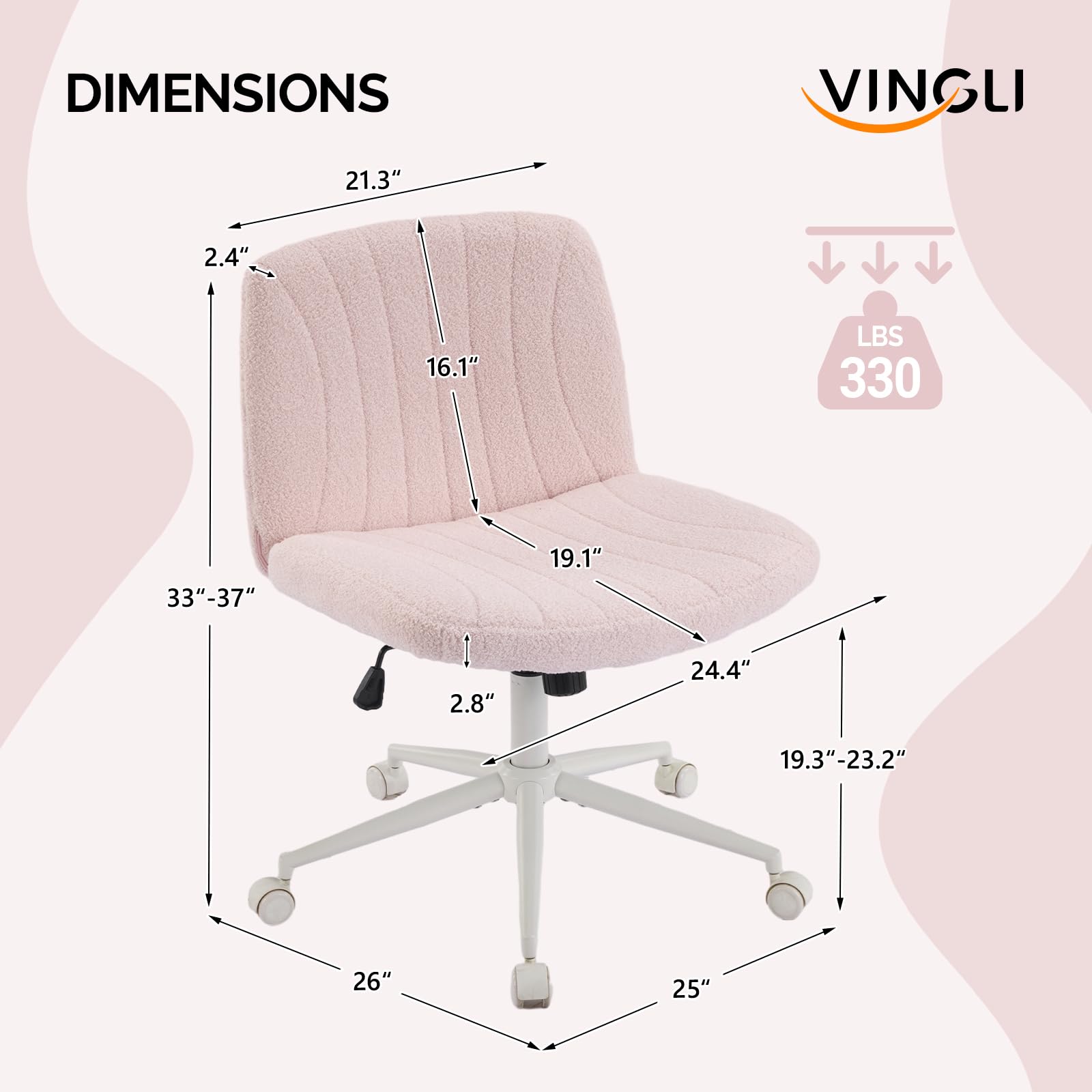 Criss Cross Legged Chair,Wide Comfy Office Desk Chair,Dual-Use with/no Wheels Computer Task Chair,Swivel Armless Vanity Boucle Chair for Study,Make Up,Home Office,Teddy Fleece,Pink