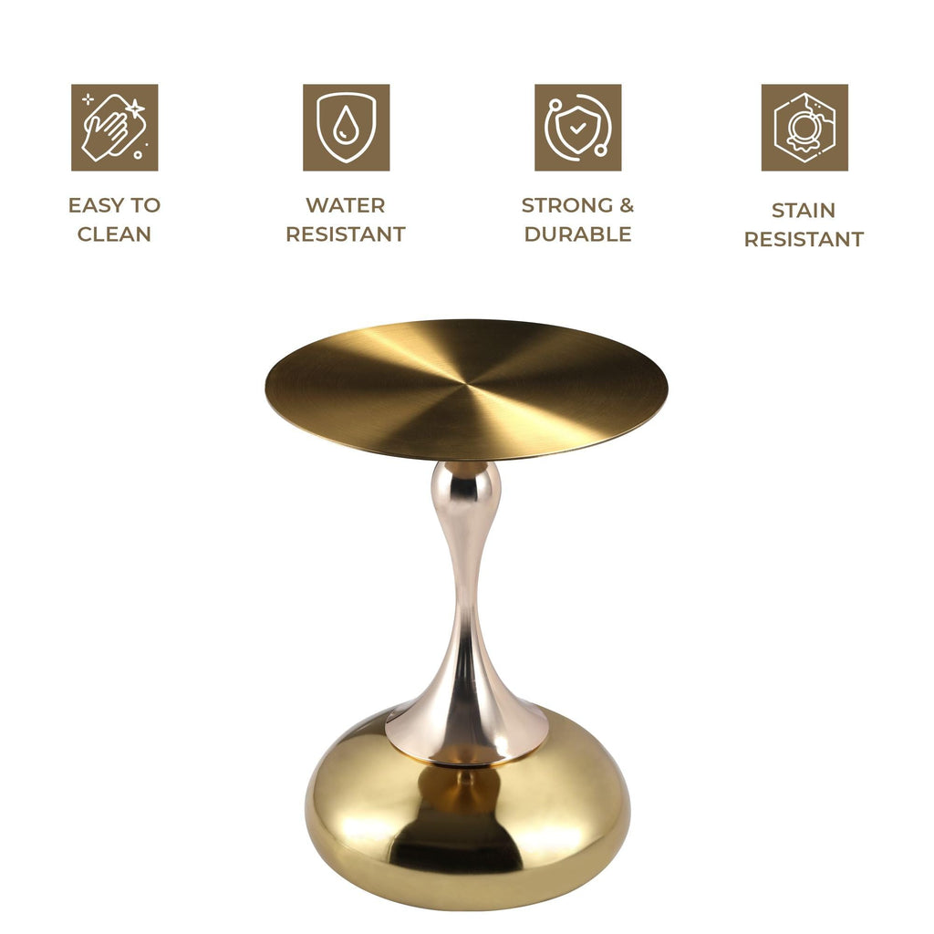 Modern Round Side Table with Gold Stainless Steel Top, Gold Pedestal Stem & Glossy Base, Accent End Table for Living Room, Bedroom, or Small Spaces, 17.7" × 21.6", Shiny Gold
