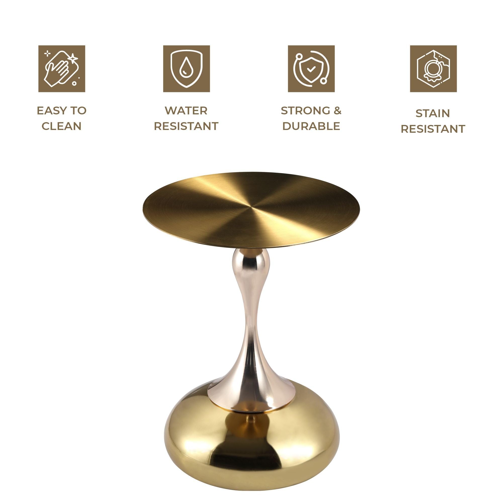 Modern Round Side Table with Gold Stainless Steel Top, Gold Pedestal Stem & Glossy Base, Accent End Table for Living Room, Bedroom, or Small Spaces, 17.7" × 21.6", Shiny Gold