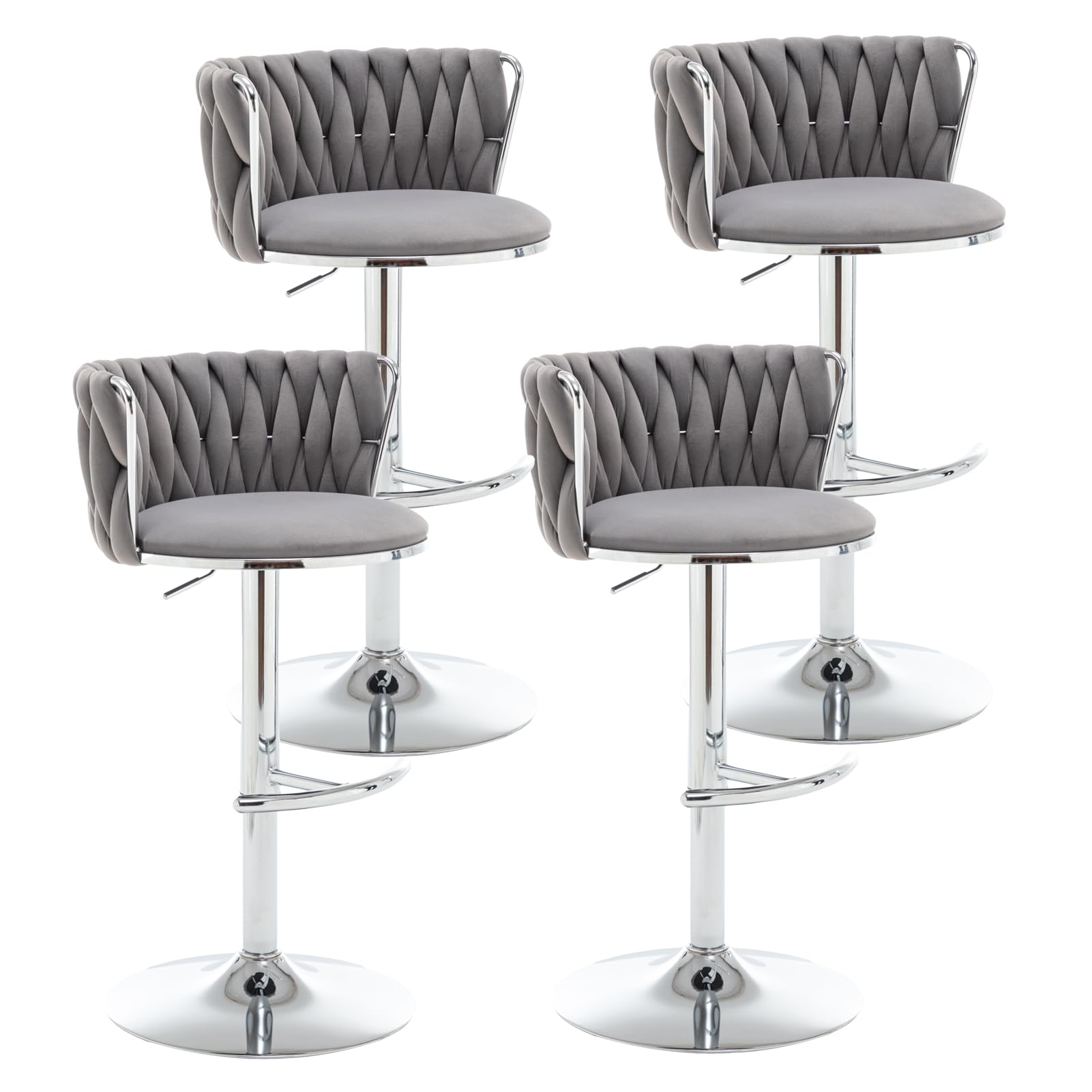 Velvet Bar Stools Set of 4, Swivel Counter Height Bar Stools with Back, Adjustable Woven Barstools for Kitchen Island, Pub, Club (Grey)