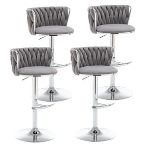 Velvet Bar Stools Set of 4, Swivel Counter Height Bar Stools with Back, Adjustable Woven Barstools for Kitchen Island, Pub, Club (Grey)