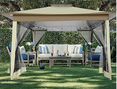 12x12 Pop Up Gazebo On Clearance - Upgrade Easy Up Metal Outdoor Canopy Waterproof - Portable Gazebo with Mosquito Nettings, 4 Ropes 8 Stakes and Carry Bag for Patio Garden(Khaki)
