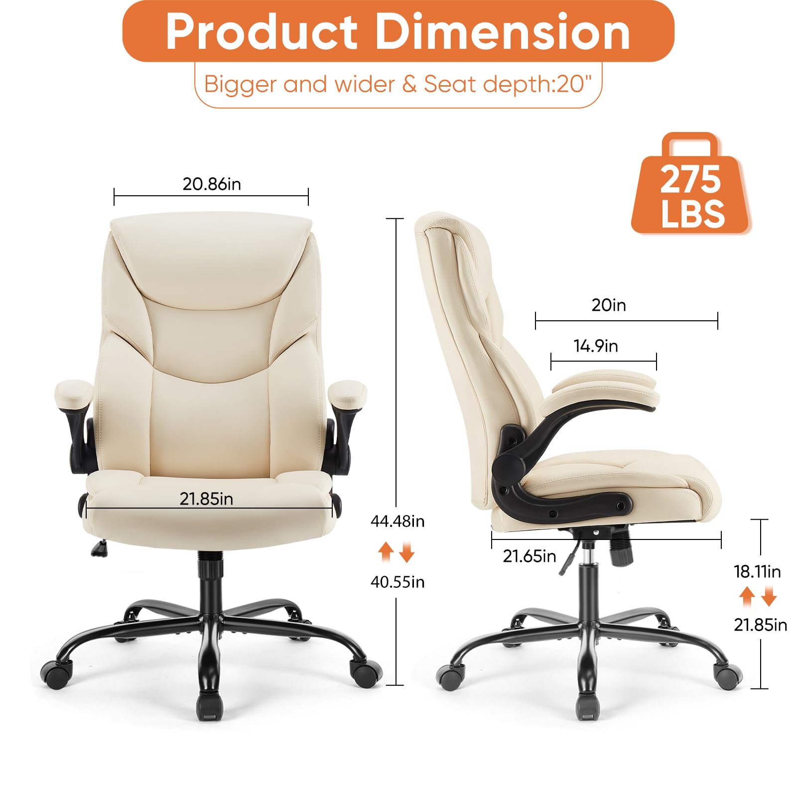 Ergonomic Office Chair - Heavy Duty Task Desk Chair with Flip-up Armrest, PU Leather, Height Adjustable & Swivel Rolling Chair with Wheels, Beige