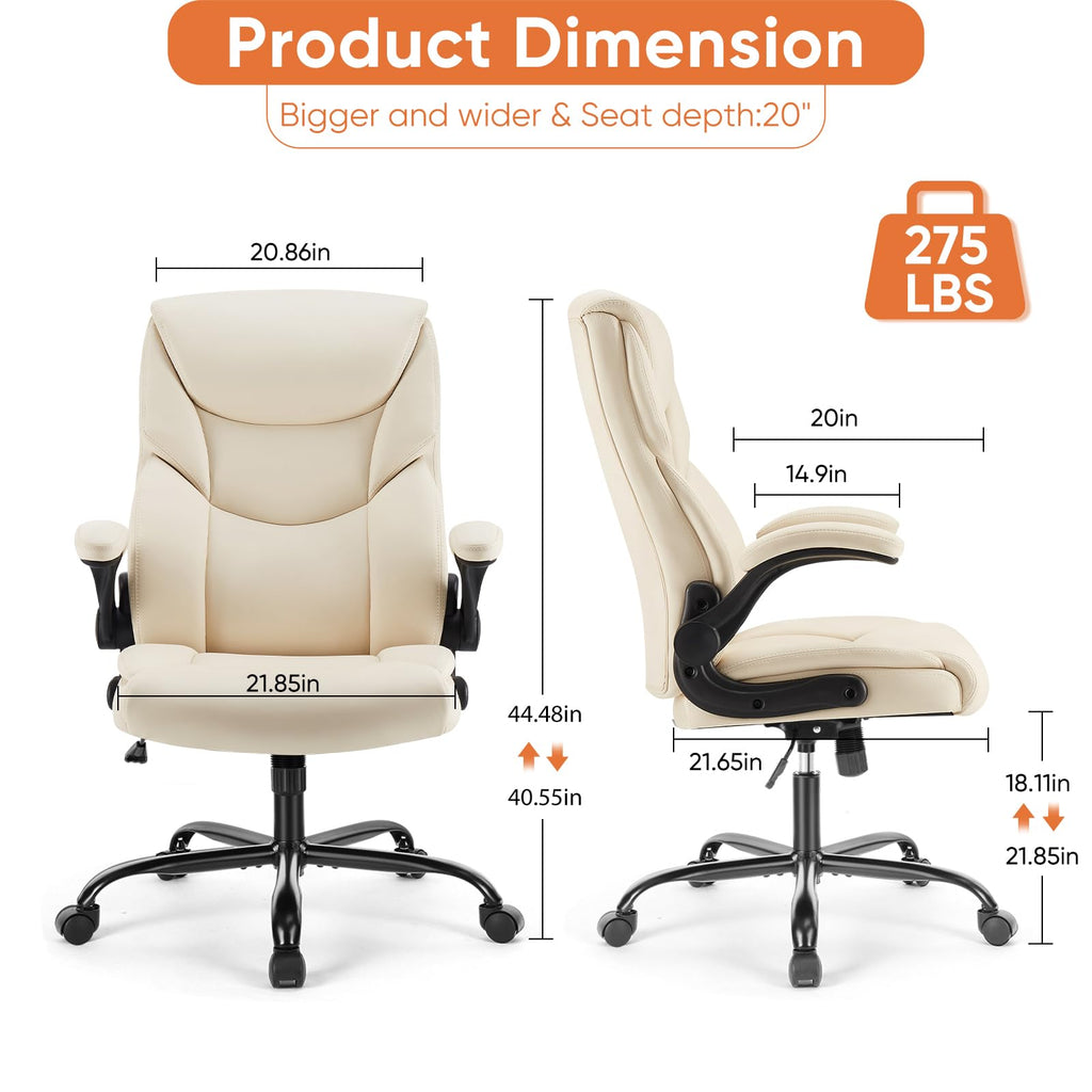 Set of 2, Ergonomic Computer Gaming Office Chair, Heavy Duty Task Desk Swivel Rolling Chairs with Wheels, Flip-up Arms, Adjustable Height, PU Leather,Cream White