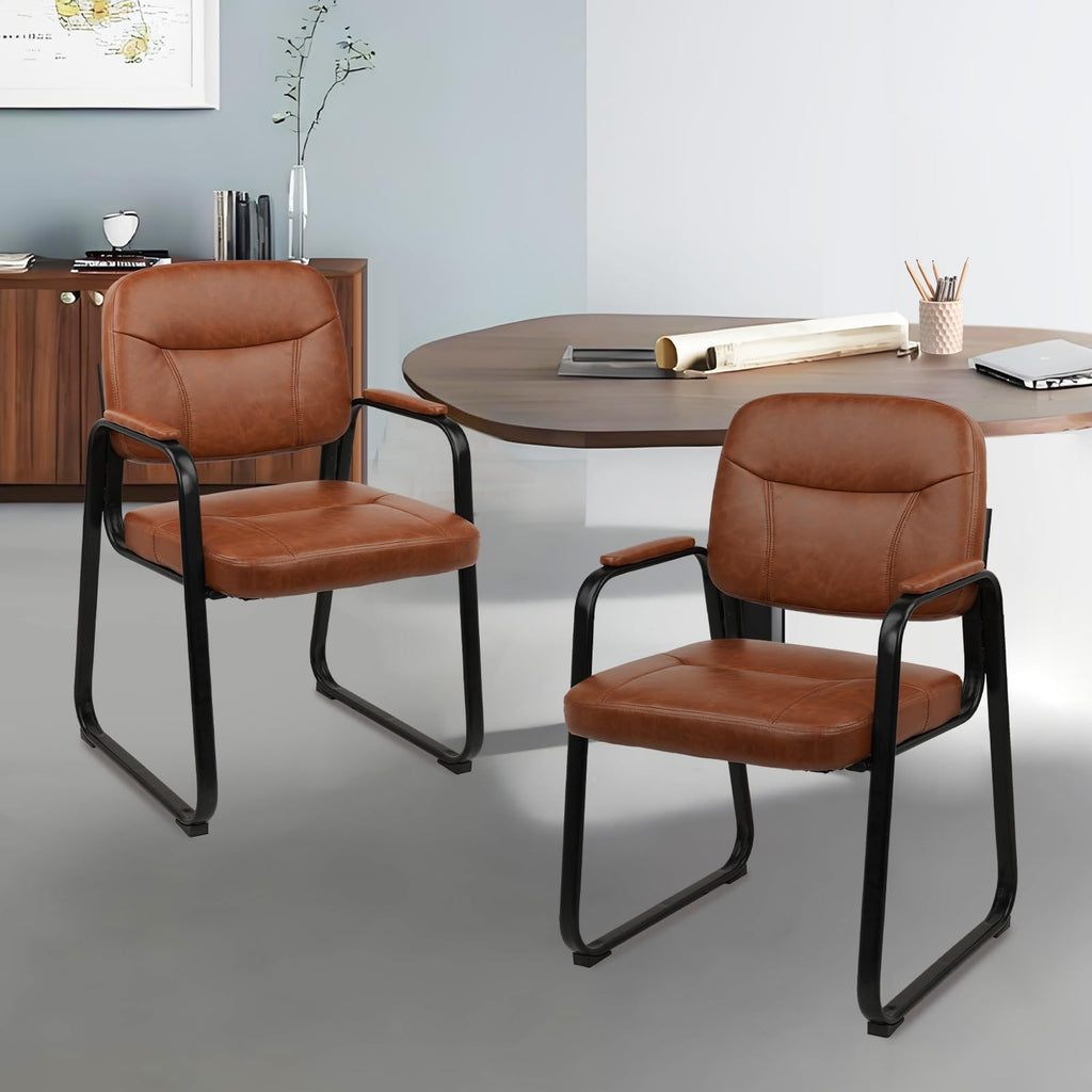 Waiting Room Guest Chair with Bonded Leather Padded Arm Rest for Office Reception and Conference Desk Black with Sled Base Brown 4 Pack