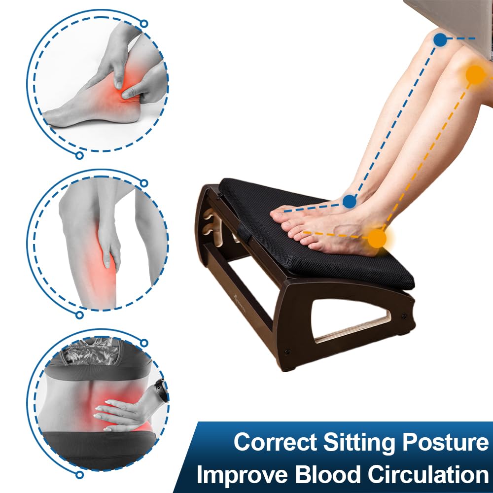 Wood Ergonomic Footrest - 4-Angle Adjustable Foot Stool for Desk, Office Footrest, Anti-Slip Foot Stand for Under Desk, Enhances Posture, Promotes Blood Circulation, Easy Assembly (Espresso)