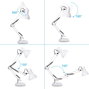 Metal Desk Lamp with Clamp, Swing Arm, Architect Adjustable Gooseneck Table Lamp, Clip Desk Lights for Home Office, Work, Study, Reading, E26 Base, Multi-Joint, White
