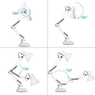 Metal Desk Lamp with Clamp, Swing Arm, Architect Adjustable Gooseneck Table Lamp, Clip Desk Lights for Home Office, Work, Study, Reading, E26 Base, Multi-Joint, White