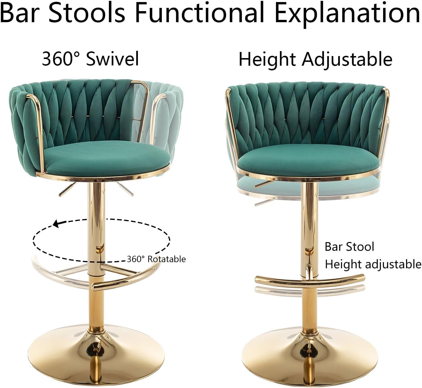 Gold Velvet Bar Stools Set of 3, Swivel Counter Height Bar Stools with Back, Adjustable Woven Barstools for Kitchen Island, Pub, Club (Green)