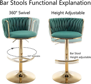 Gold Velvet Bar Stools Set of 3, Swivel Counter Height Bar Stools with Back, Adjustable Woven Barstools for Kitchen Island, Pub, Club (Green)