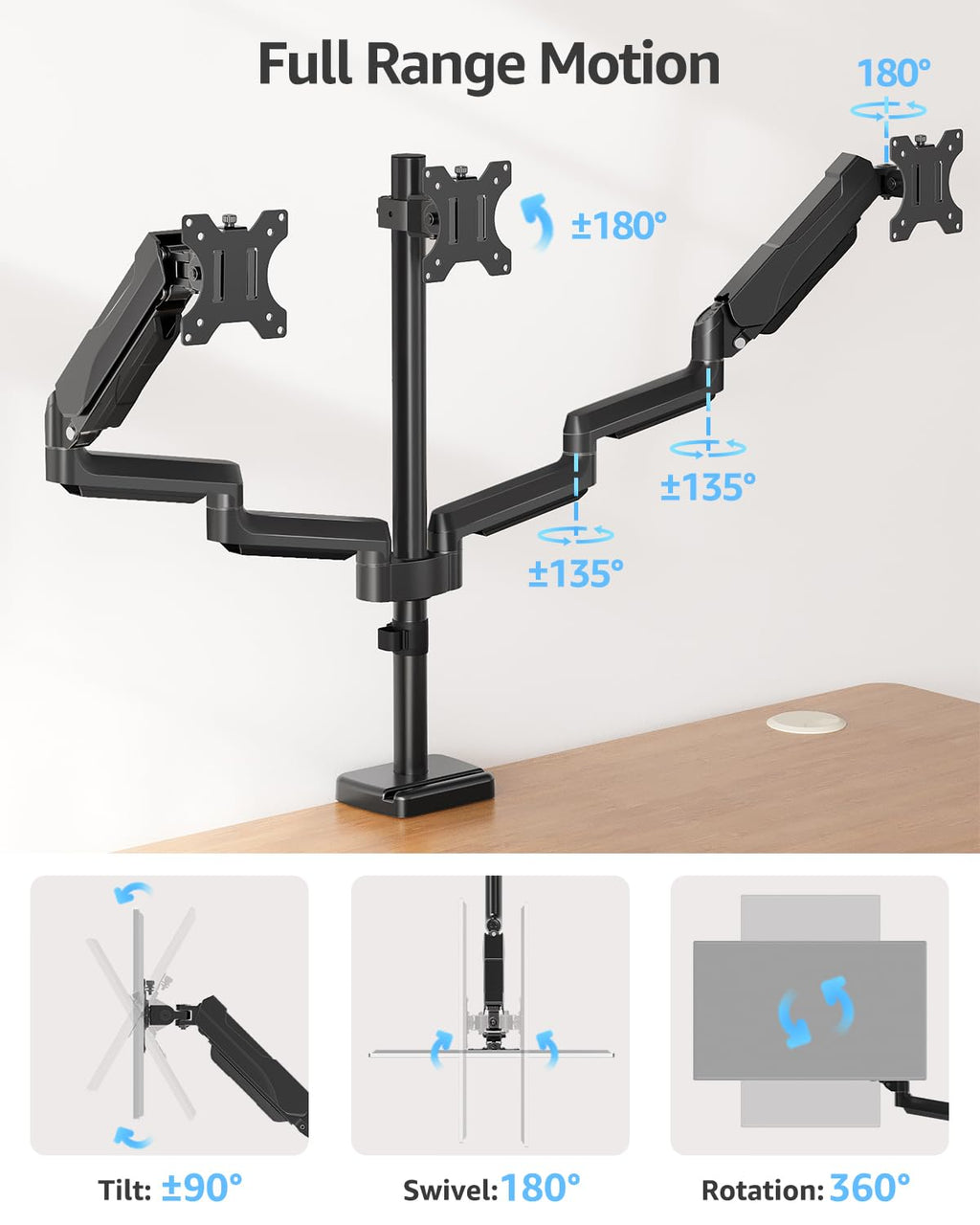 Triple Monitor Stand Mount - 3 Monitors Desk Mount for Computer Screens Up to 27 inch, Triple Monitor Arm, Heavy Duty Monitors Stand, Each Arm Holds 4.4-19.8 lbs, Black