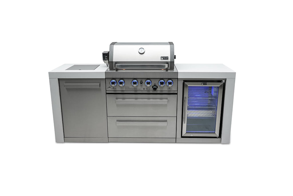 32-Inch 4-Burner 78000 BTU Deluxe Stainless Steel Gas Outdoor Kitchen Bar Barbecue Island Grill w/Infrared Side Burner + Wine Cooler Compact Refrigerator + Rotisserie Kit