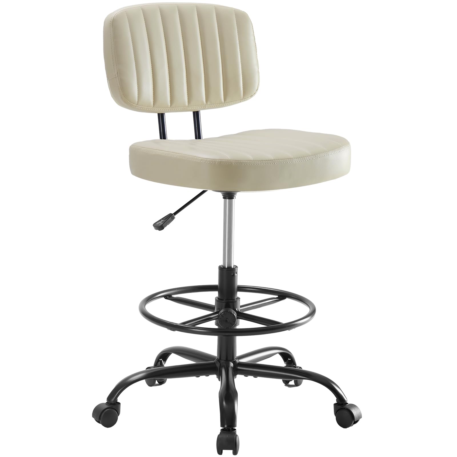 Armless Drafting Chair, Low Back Office Seat with Adjustable Footrest Ring for Standing Desk, Ergonomic PU Leather Office Seating, Swivel Rolling High Stool for Studio, Lab, Counter, Beige