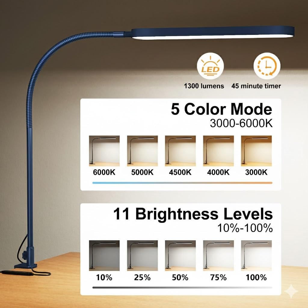 LED Desk Lamp - Desk Light for Home Office - Flexible Gooseneck - 5 Color Modes X 11 Brightness Levels - 1300LM - Timmer & Memory Function - 12W Clip on Light - Blue