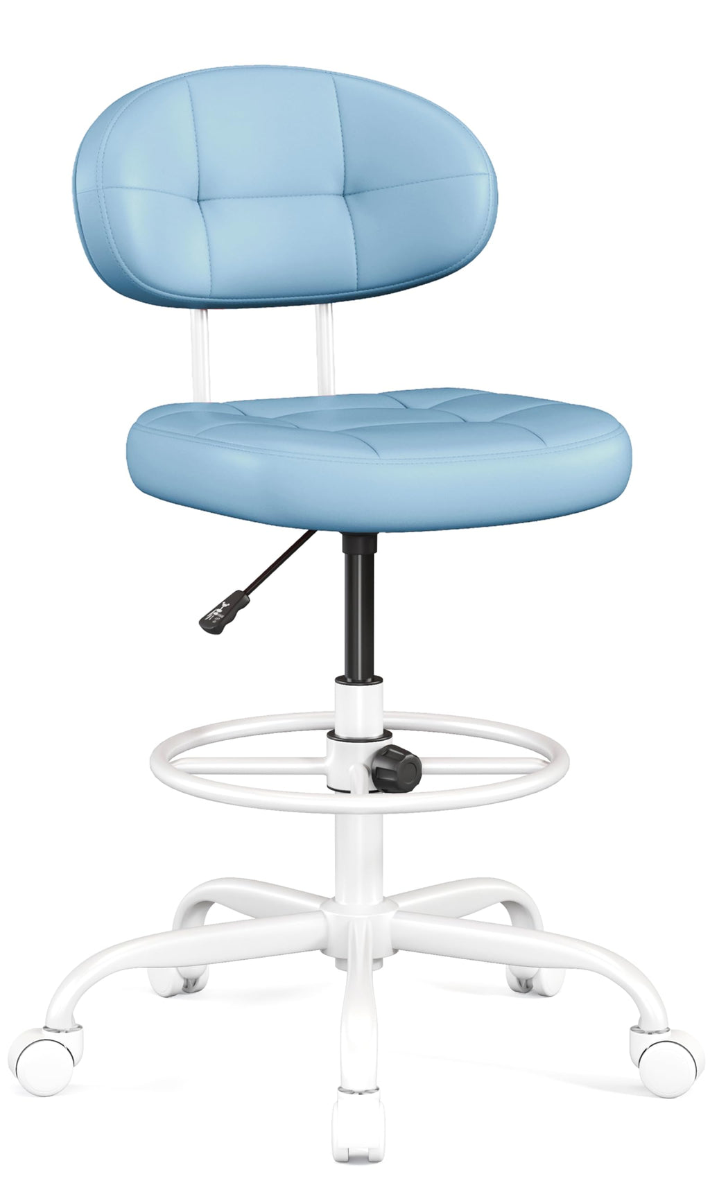 Drafting Chair, Armless Tall Office Chair with Footrest Ring for Standing Desk, Small Faux Leather Executive Computer Chair with Adjustable Height for Bar Lab Counter Height Desk, Blue