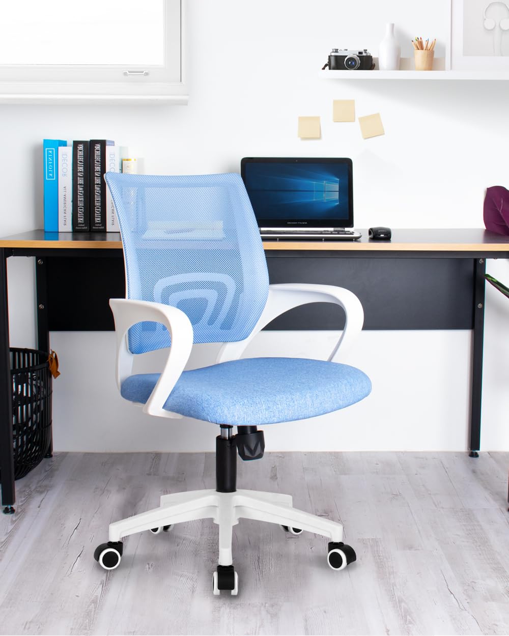 Office Desk Computer Chair Ergonomic Mesh Gaming Cushion Seat with Comfy Lumbar Mid Back Support Adjustable Height Swivel Rolling Wheels for Home Task (Sky Blue)