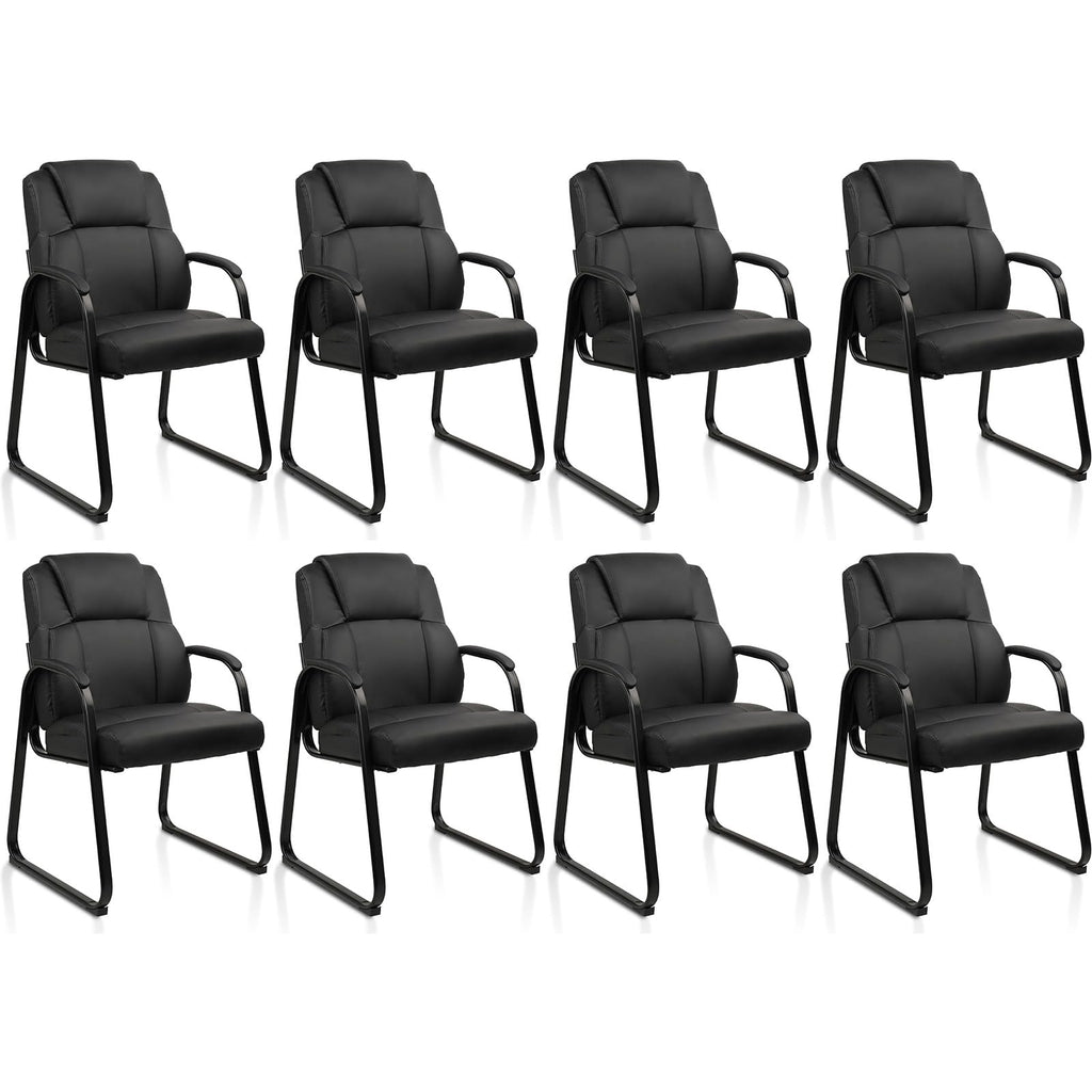 Classic Leather Soft Reception Chair with Padded Armrests and Sled Base, Executive Guest Chair for Office Computer Desk Conference Waiting Meeting Room, Black (8 Pack)