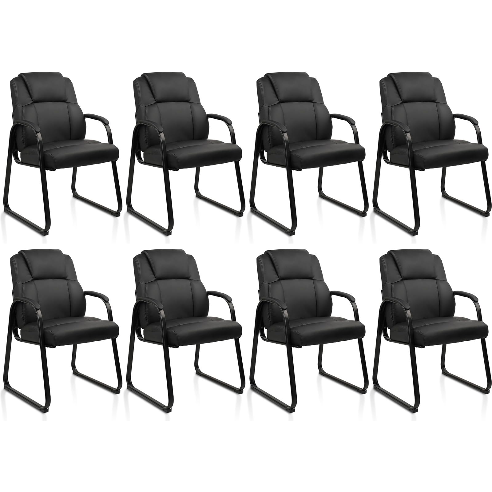 Classic Leather Soft Reception Chair with Padded Armrests and Sled Base, Executive Guest Chair for Office Computer Desk Conference Waiting Meeting Room, Black (8 Pack)