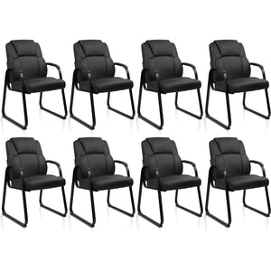 Classic Leather Soft Reception Chair with Padded Armrests and Sled Base, Executive Guest Chair for Office Computer Desk Conference Waiting Meeting Room, Black (8 Pack)