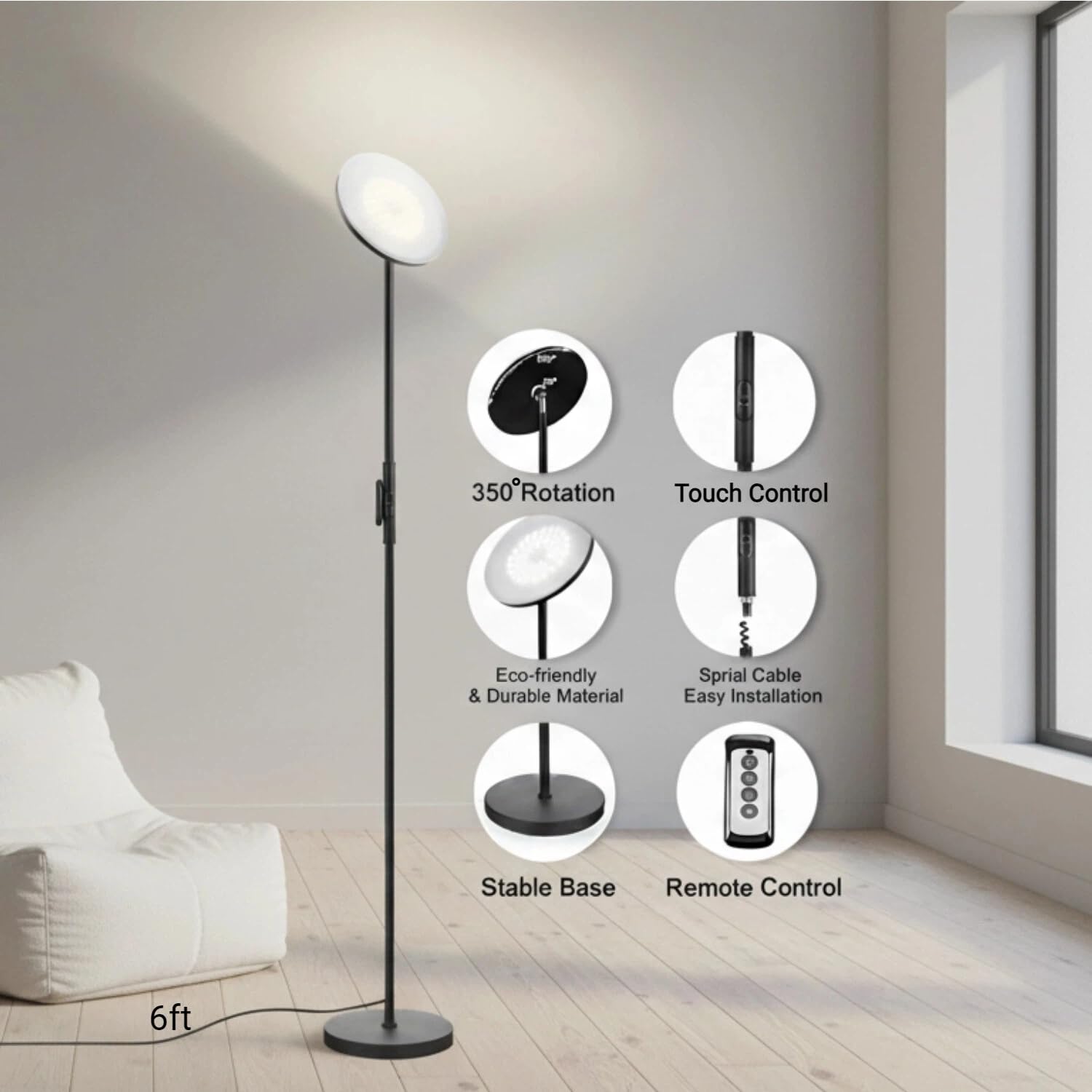 Floor Lamp,30W/2400LM Sky LED Modern Torchiere 3 Color Temperatures Super Bright-Tall Standing Pole Light with Remote & Touch Control for Living Room,Bed Room,Office (Black)